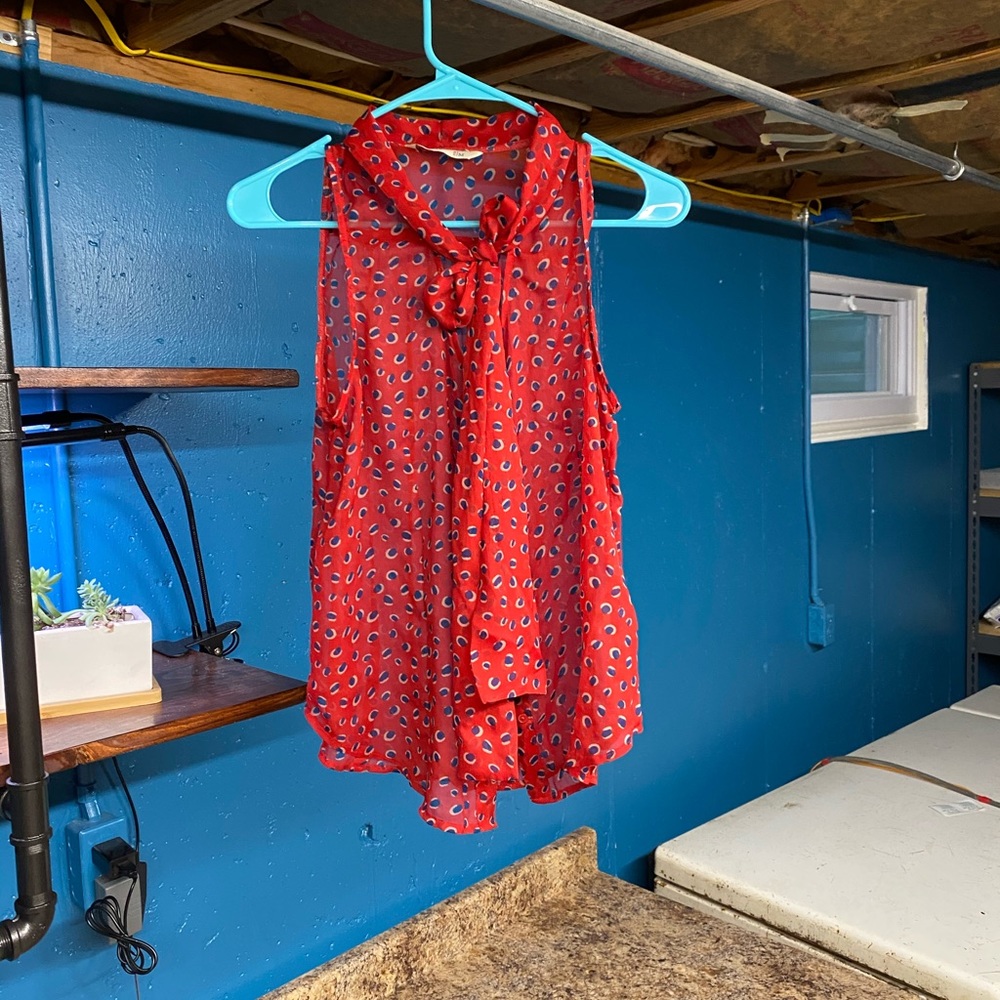 Old navy | red and blue polka dot sheer tie blouse